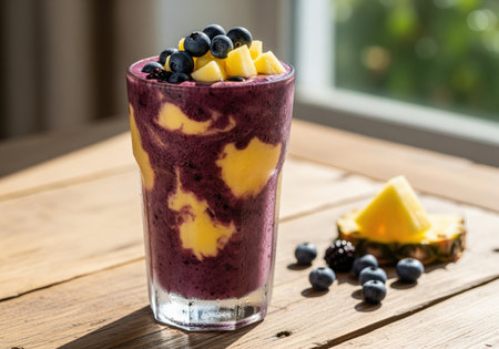 Delicious layered smoothie with vibrant purple berry and yellow fruit swirls, topped with fresh blueberries and pineapple chunks, served in natural light.の素材
