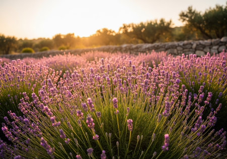 A vast field of blooming purple lavender flowers is beautifully illuminated by the warm golden light of sunset. this peaceful summer scene evokes tranquility and natural beauty.の素材