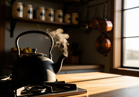 Steaming cast iron kettle boiling water on a rustic stovetop, dramatically silhouetted by bright sunlight streaming through a kitchen window.の素材