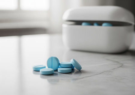A close up, shallow depth of field shot showing light blue round scored tablets scattered on a reflective marble surface, with a white pill container blurred in the background.の素材