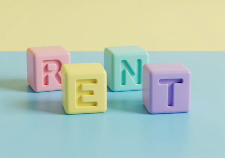 Conceptual arrangement of r e n t blocks in soft colors, symbolizing themes like housing, real estate, or financial transactions.の素材