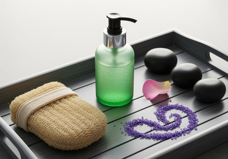 Essential spa items displayed on a dark tray, featuring a green lotion bottle, natural loofah mitt, basalt stones, and decorative purple bath salts. ideal for self care concepts.の素材