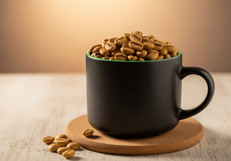 A stylish matte black stoneware mug is filled to the brim with light roasted coffee beans, placed on a cork coaster. ideal for coffee shop promotions or food and beverage concepts.の素材