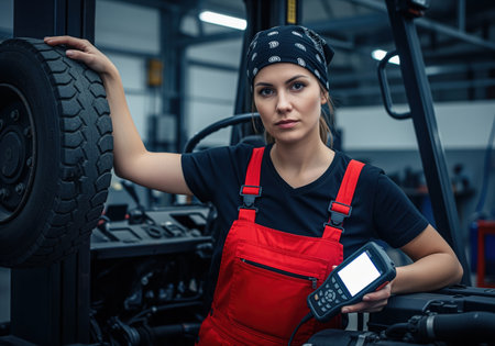 Portrait of a serious young woman mechanic wearing red overalls and a bandana, holding a diagnostic scanner while standing next to a large industrial vehicle tire.の素材