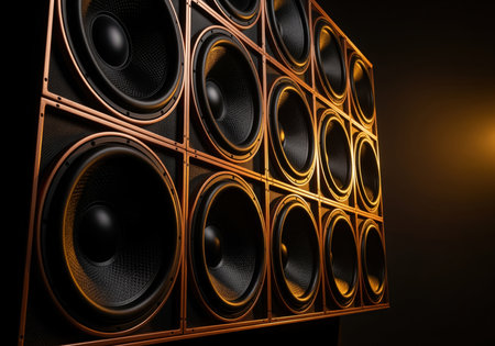 A dramatic perspective shot of a massive speaker wall featuring multiple large black subwoofers encased in glowing copper frames. ideal for music, audio, and concert themes.の素材