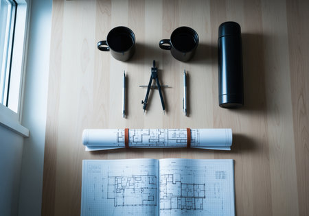 A symmetrical flat lay showing essential architectural tools, including rolled and open blueprints, a drafting compass, pens, and black coffee mugs, symbolizing planning and design work.の素材