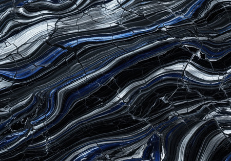 Dynamic abstract pattern showcasing swirling bands of black, deep blue, and silver, detailed with a distressed, cracked surface texture. perfect for modern backgrounds.の素材