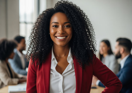 A medium close up portrait of a confident african american businesswoman with striking curly hair and a bright smile, wearing a red blazer. this image conveys leadership, success, and professional empowerment in a corporate setting.の素材