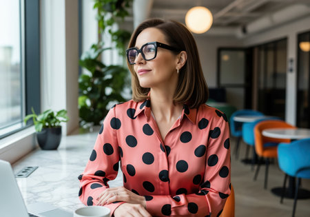 A mature businesswoman wearing a pink polka dot shirt and black glasses sits by a window in a modern office, looking away thoughtfully. this image conveys professionalism and contemplation.の素材