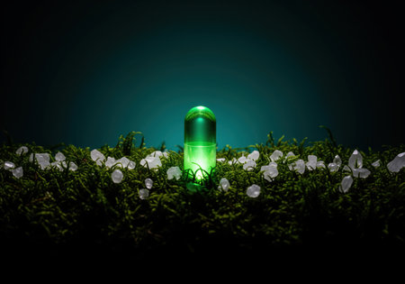 Glowing green medicine capsule standing upright on a bed of dark green moss surrounded by small white quartz crystals, symbolizing natural health, ecology, and pharmaceutical innovation.の素材