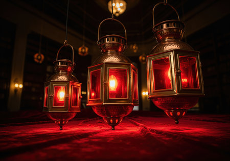 Traditional brass ramadan lanterns suspended in a dark, atmospheric setting, illuminating a vibrant red carpet with their warm, glowing light. perfect for holiday concepts.の素材