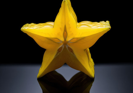 Vibrant yellow starfruit slice, also known as carambola, captured in a dramatic macro studio shot against a black background. exotic tropical fruit with a distinct star shape, symbolizing freshness and healthy eating.の素材