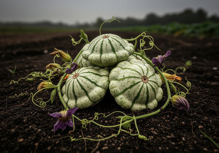 Three pale, striped pattypan squashes arranged on dark, fertile earth, highlighted by green vines and purple flowers, representing fresh organic harvest.の素材