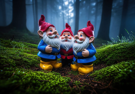 Three brightly painted ceramic garden gnomes clustered on vibrant green moss in a dark, atmospheric, and foggy forest. depicts fantasy, folklore, and garden decoration.の素材