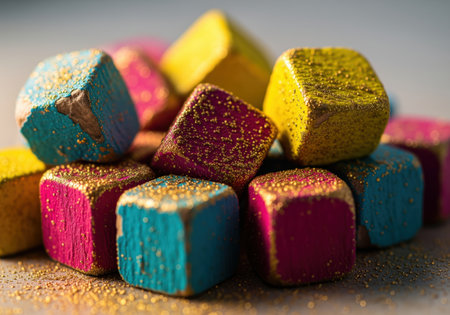 Vibrant wooden cubes painted in cyan, magenta, and yellow piled together in a chaotic jumble. the blocks are heavily dusted with sparkling gold glitter, creating a festive and textured macro abstract background.の素材