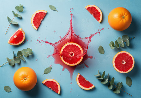Fresh pink grapefruit halves, wedges, and whole fruits arranged in a flat lay composition with a vibrant juice splash on a textured blue surface, accented by eucalyptus leaves.の素材