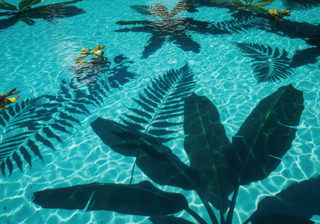 Overlapping shadows of tropical foliage, such as palm and fern leaves, projected onto the vibrant blue water surface. the rippling water creates abstract light patterns.の素材