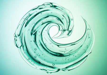 Translucent aqua cosmetic gel texture swirled into an abstract spiral shape, featuring small air bubbles. ideal for beauty, skincare, hydration, and medical concepts.の素材