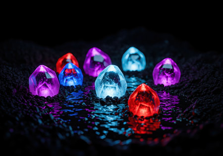 Brightly illuminated faceted gems in vibrant colors red, blue, purple reflecting in a shallow pool of dark water. mysterious fantasy concept of magic, treasure, and power.の素材