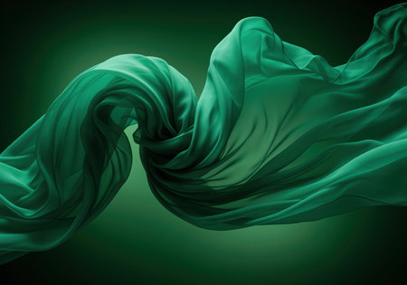 Luxurious emerald green silk or chiffon fabric flowing and swirling dynamically, creating elegant drapery and folds against a dark gradient background.の素材