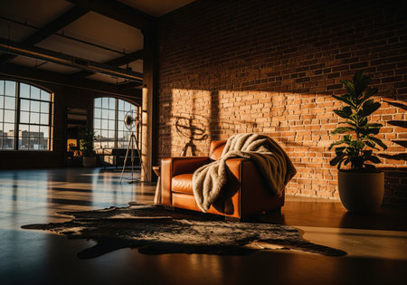 Cozy leather armchair covered with a blanket, set against an exposed brick wall in a spacious industrial loft. dramatic golden hour sunlight streams through large windows, creating long shadows on the concrete floor.の素材