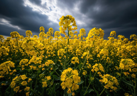Vibrant yellow rapeseed flowers filling the foreground, captured from a low angle perspective against a backdrop of intense, dark, stormy clouds. dramatic natural contrast.の素材
