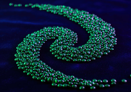 Bright green iridescent seeds arranged in a dynamic, swirling spiral pattern against a deep blue, dark background. abstract, high contrast, and dramatic lighting emphasizes movement and texture.の素材