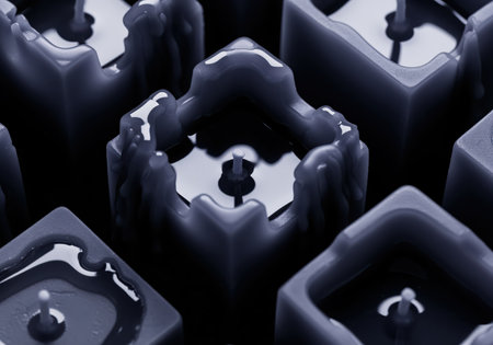 Square indigo candles in a macro close up, highlighting the glossy, intricate patterns of melted wax pooling around the central wicks. dark, moody, and abstract aesthetic.の素材