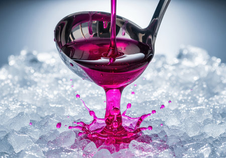 Thick, vibrant magenta liquid streams from a metal ladle, splashing dramatically onto a surface covered with cold, crushed ice cubes. studio shot.の素材