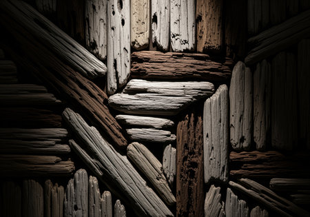 Highly textured mosaic wall panel constructed from interlocking pieces of reclaimed, weathered driftwood, showcasing natural wood grain and rustic, aged surface details under dramatic lighting.の素材