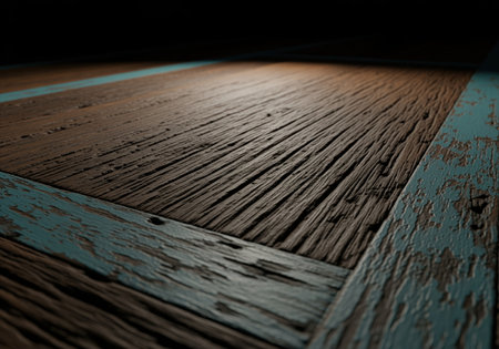 Rustic reclaimed wood surface featuring deep texture and a distressed teal blue painted border under dramatic spotlighting. ideal background for product display.の素材