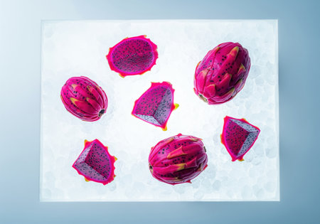 Neon pink dragon fruit, whole and segmented pieces, scattered on a bed of crushed ice with bright backlighting. exotic, fresh, and healthy food concept.の素材