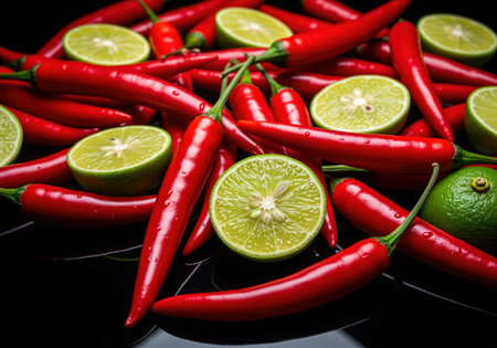 Vibrant red chili peppers and fresh green lime halves scattered on a glossy black background, featuring water droplets for a fresh, spicy, and tangy food concept.の素材
