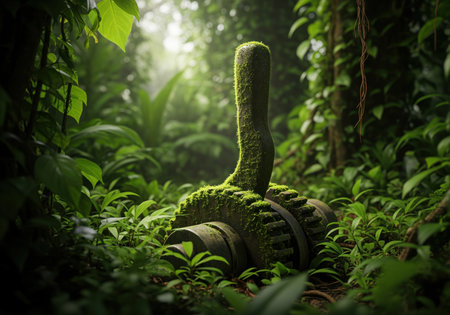 Ancient, moss covered lever and gear mechanism abandoned in a lush tropical jungle, symbolizing the decay of technology and nature powerful reclamation.の素材