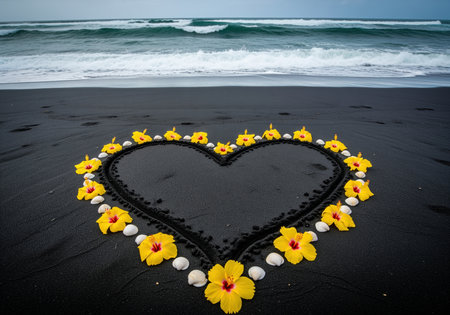 Heart shape drawn in dark black volcanic sand, outlined and decorated with vibrant yellow hibiscus flowers and small white seashells on a tropical beach with ocean waves. symbolizes love, romance, and tropical vacation.の素材