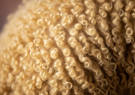 Tightly coiled golden beige curly wool fleece texture captured in a detailed abstract macro shot. natural fiber background emphasizing warmth, softness, and organic pattern.の素材
