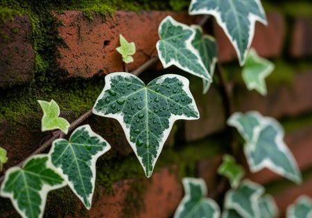 Variegated ivy leaves covered in fresh water droplets climb a rustic red brick wall partially covered in vibrant green moss, symbolizing growth and nature.の素材