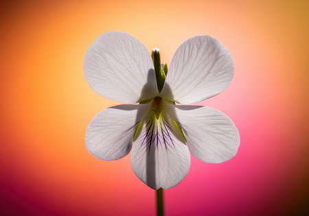 Delicate white viola flower with purple veins, dramatically illuminated against a vibrant, abstract background gradient of orange, yellow, and magenta. macro shot emphasizing natural beauty.の素材