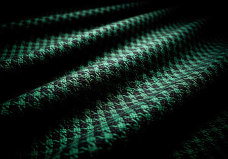 Luxurious dark emerald green and black houndstooth wool fabric draped in dramatic low light, showing detailed texture and deep folds. ideal for fashion, textile, and abstract background concepts.の素材