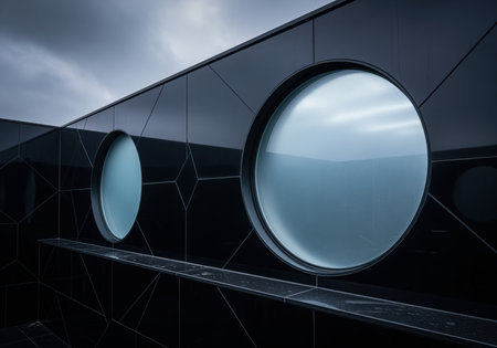 Dark, sleek architectural facade featuring two large circular windows reflecting an overcast sky. modern geometric paneling creates an abstract, futuristic aesthetic.の素材
