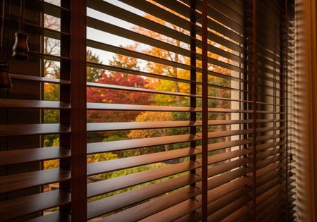Dark walnut wooden venetian blinds angled open, allowing warm light to filter through and revealing a vibrant outdoor scene of red and orange autumn foliage.の素材