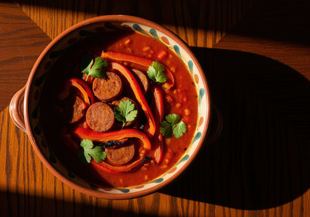 Hearty chorizo and red pepper stew with beans and cilantro, served in a rustic, hand painted terracotta bowl. delicious, spicy, traditional food.の素材