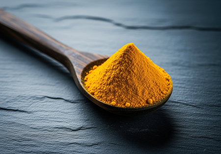 Turmeric powder, bright yellow and finely ground, piled high in a rustic wooden spoon. resting on a dark, textured slate surface, emphasizing flavor, cooking, and health concepts.の素材
