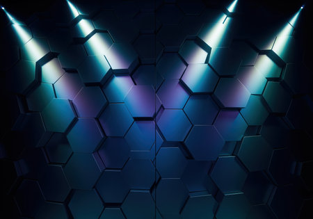 Metallic hexagonal wall texture illuminated by powerful blue and cyan spotlights, creating a futuristic, high tech, and abstract geometric background. ideal for presentations or stage design.の素材
