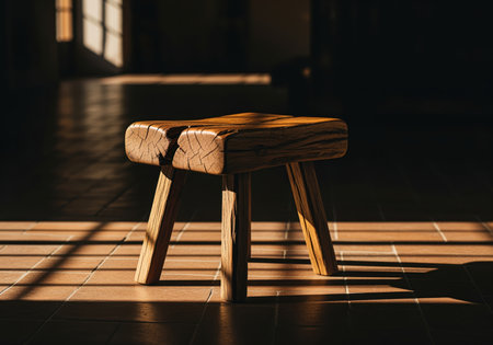 Rustic, hand carved wooden stool featuring a cracked texture, dramatically illuminated by strong sunlight creating striped shadows on the terracotta tiled floor. interior design element.の素材