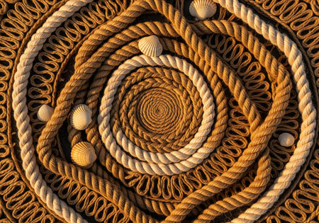 Intricate overhead view of natural jute and white cotton ropes woven into a mesmerizing spiral pattern, accented by small white seashells. nautical texture background.の素材