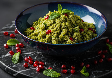 Green quinoa salad, garnished with vibrant red pomegranate seeds and fresh mint leaves, served in a deep blue bowl on a dark marble surface. healthy vegan food concept.の素材