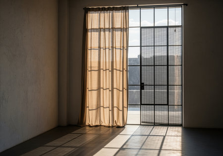 Minimalist studio interior featuring a large industrial black metal window and a sheer curtain. strong sunlight casts dramatic geometric shadows on the concrete floor.の素材