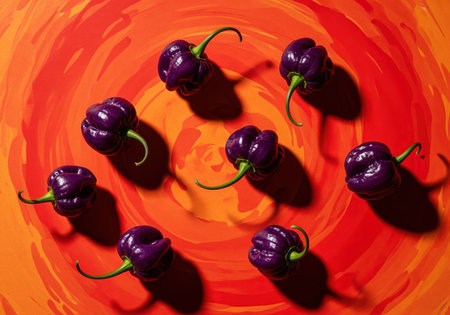 Seven purple scotch bonnet peppers displayed on a hand painted, abstract surface featuring swirling shades of red and orange, highlighting unusual color and spice.の素材