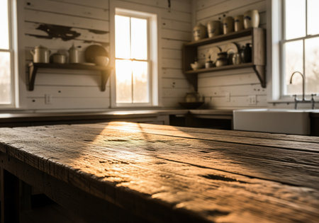 Weathered rustic wooden table surface dominating the foreground, illuminated by bright morning sunlight streaming through the windows of a cozy farmhouse kitchen interior. ideal for product display or copy space.の素材